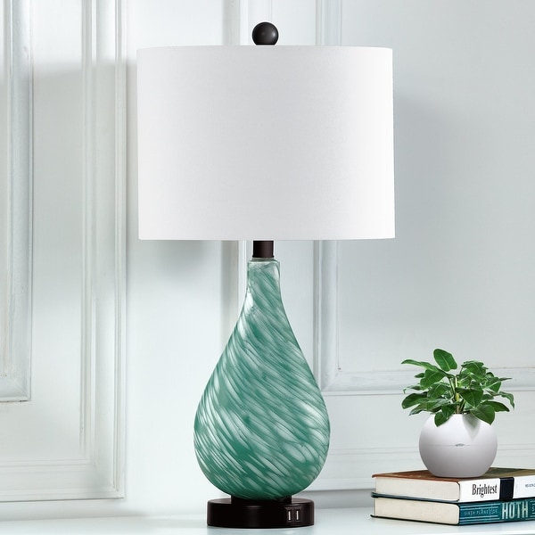 Cinkeda Modern 3 Way Dimmable Touch Table Lamps with USB Ports Green Glass Bedside Nightstand Lamp for Living Room Bedroom