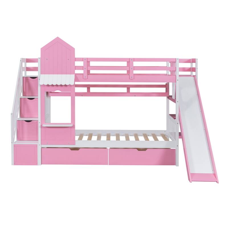 Pink Twin-Over-Twin Castle Bunk Bed with Drawers, Shelves, and Slide