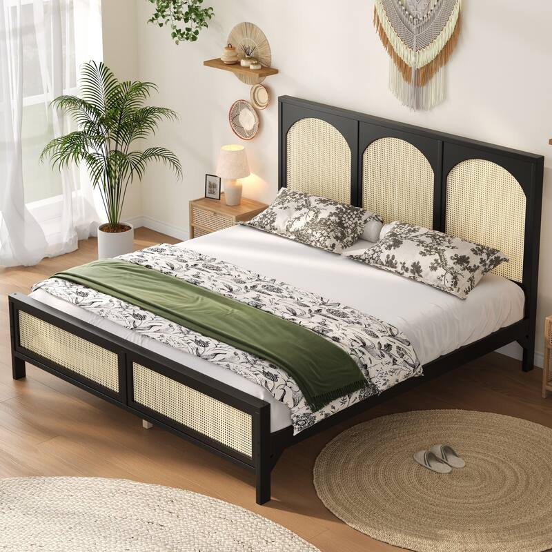 Rattan Low Profile Bed Wood Platform Bed Frame with Rattan Headboard and Footboard, Wood Slat Support, No Box Spring Needed - Black - King