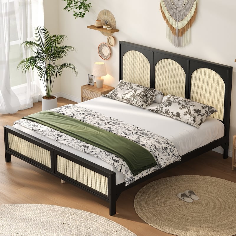 Wood Platform Bed Frame with Rattan Decorations Headboard & Footboard, Slat Support System, No Box Spring Needed, Easy Assembly