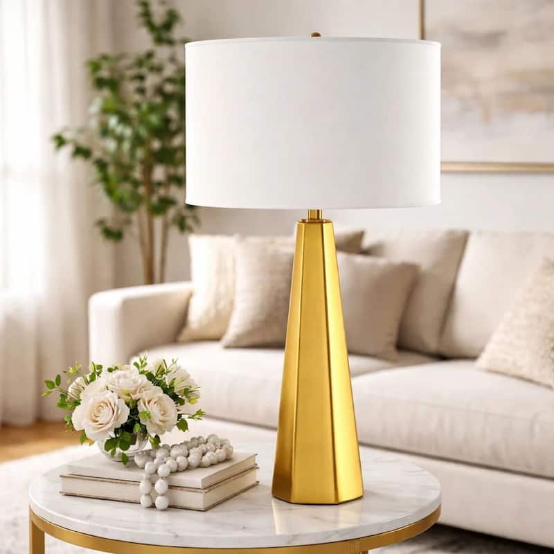 Table Lamp, White Linen Shade, Gold Ceramic Geometric Base, 28 Inch