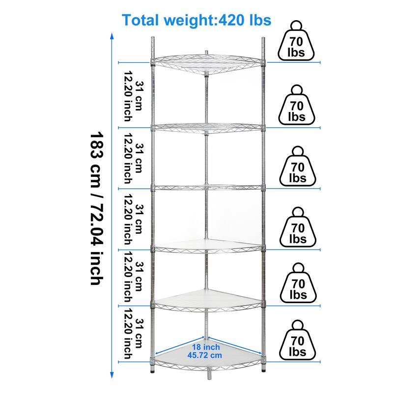 6 Tier Adjustable Metal Heavy Duty Free Standing Corner Storage Display Chrome Rack ﻿