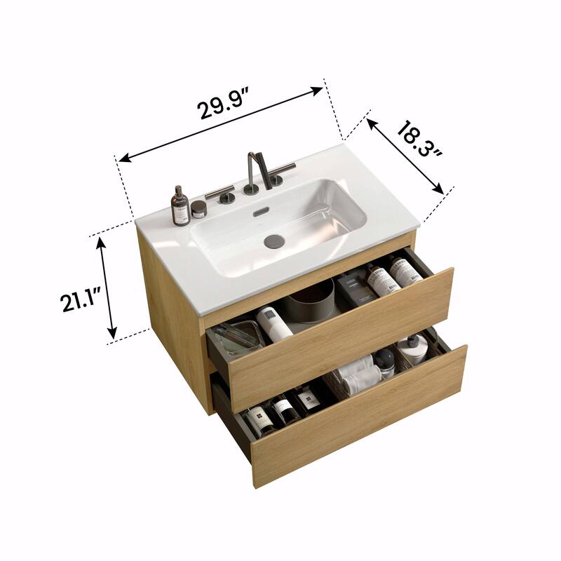 Wall-Mount Bathroom Vanity with Ceramic Sink - Three Faucet Holes