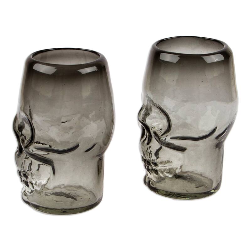 Novica Handmade Skull Handblown Recycled Glass Tumblers (Pair)