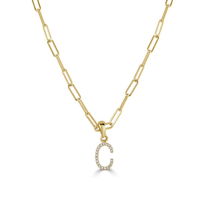 Joelle Collection Diamond Initial Letter Necklace Paperclip 14K Gold 16-inch Chain 1/10 TDW Necklace - C - Yellow