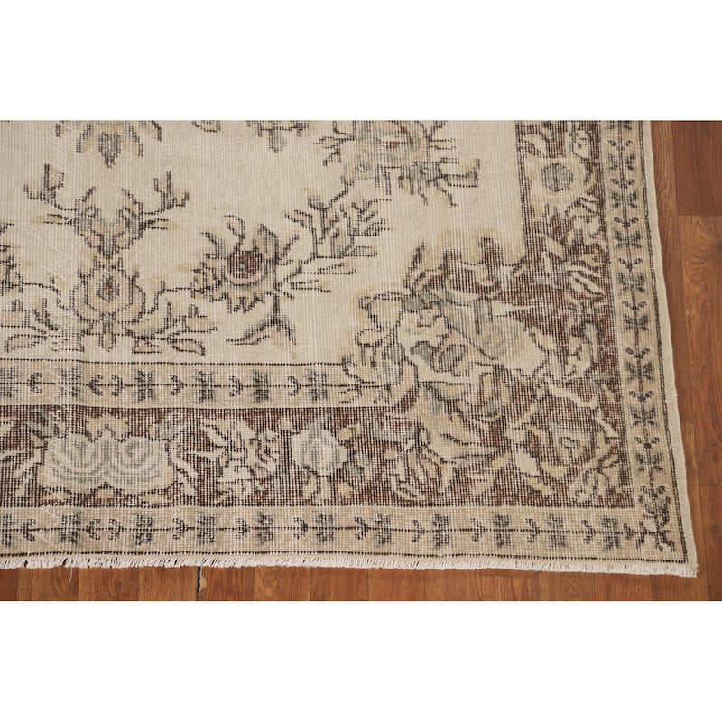 Distressed Ivory Sparta Turkish Vintage Area Rug Handmade Wool Carpet - 5'9"x 9'2"