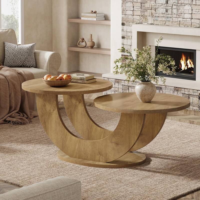 2-Tier Farmhouse Coffee Table for Living Room with U-Shaped Frame - Brown