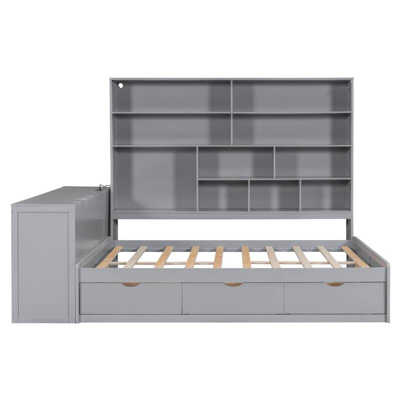 Full Size Wooden Daybed with Built In Desk, Charging Station, Versatile LED Platform Sofa Bed Frame