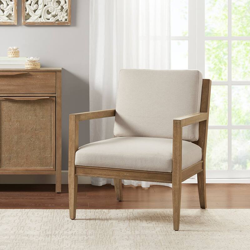 Roomfitters Transitional Upholstered Accent Armchair with Solid Wood Frame, Slatted Back Lounge Chair for Living Room, Ivory