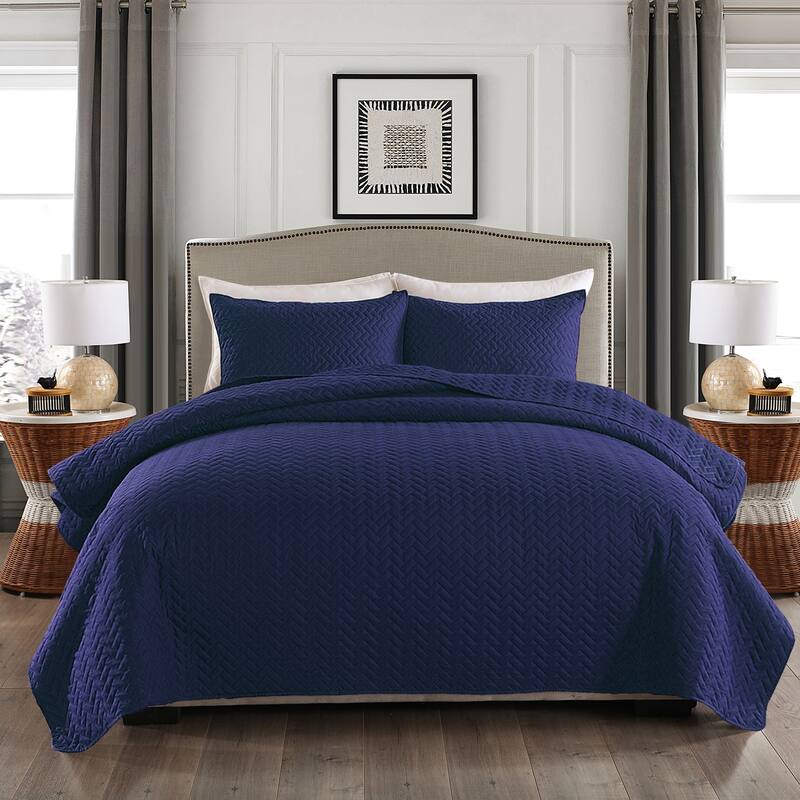 Classic Coverlet Bedspread Lightweight Bedding Set Matching Shams - Navy - Queen
