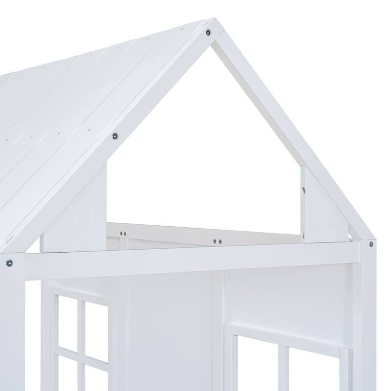 House Platform Bed With Twin Trundle, Wooden Daybed Frame with Rails, Roof and Windows, for Kids Girls Boys