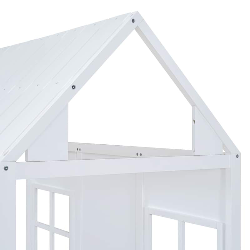 Roomfitters Full/Twin Size Wood House Bed with Twin Trundle, Modern Daybed Frame with Roof Design