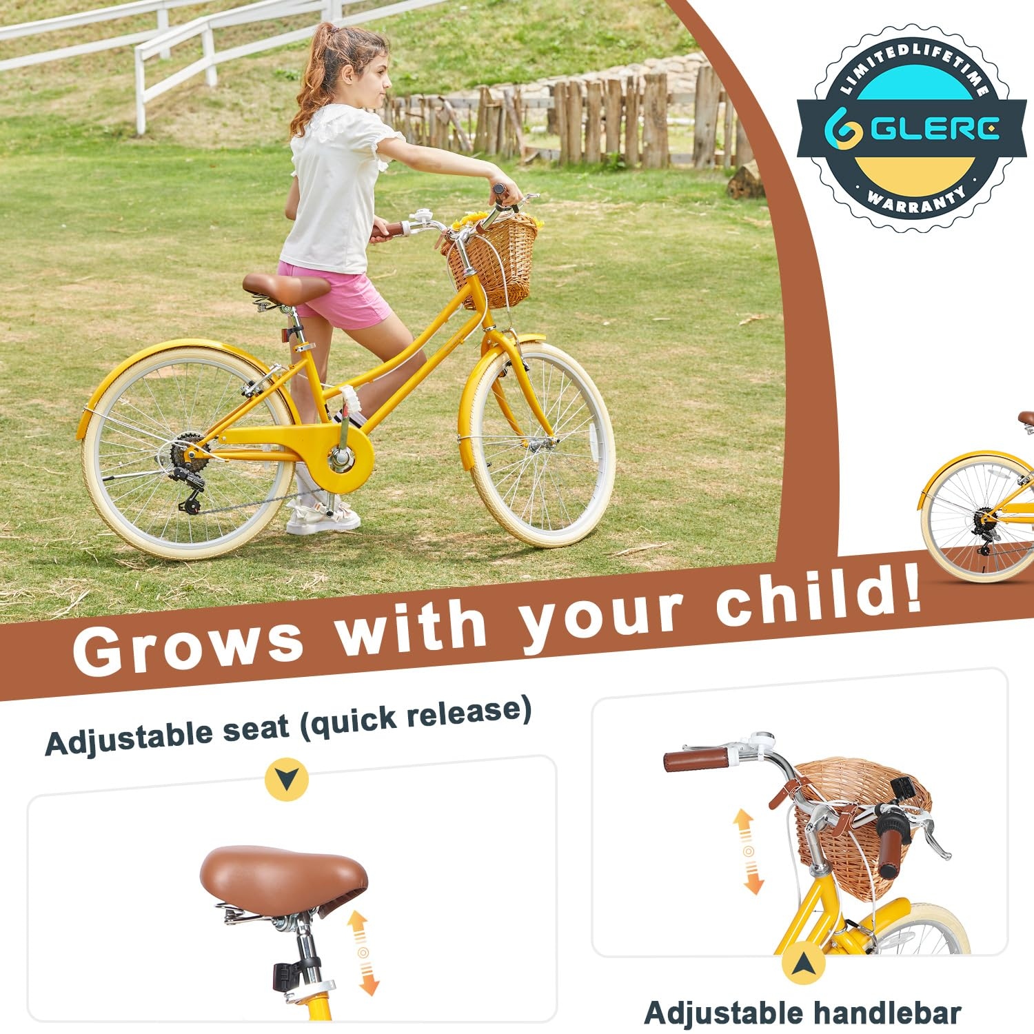 20 24 26 inch Girl Cruiser Shimano 6 Speed Hybrid City Bicycle for Youth Over 6 Years Old with Wicker Basket Yellow