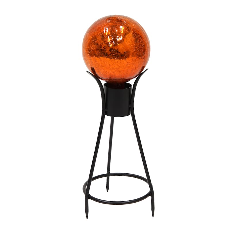 Achla Designs 6"Dia. Round Crackle Glass Decorative Gazing Globe w/Black Wrought Iron Stand - Mandarin, Black Powdercoat Finish