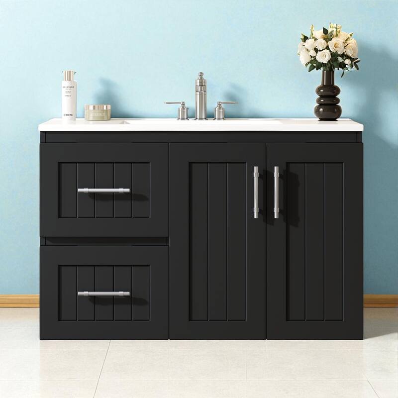 36" Wall Mounted Bathroom Vanity with Ceramic Sink, 2 Drawers, Adjustable Shelf and Floating Storage Cabinet - Black