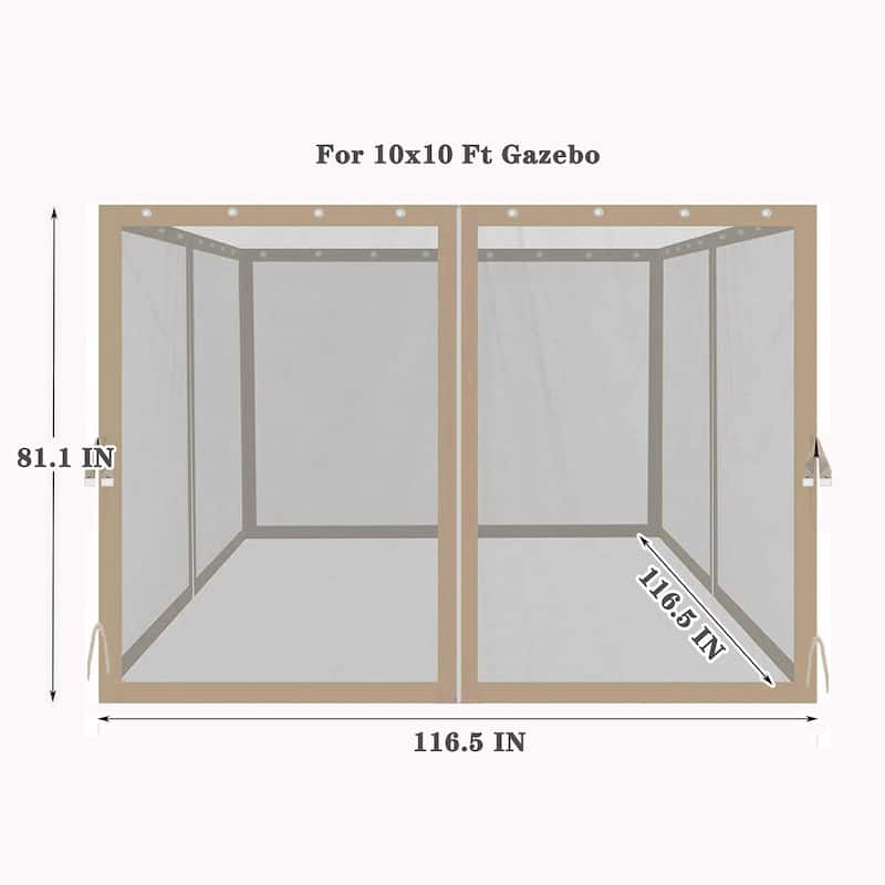 10x10 Ft Gazebo Replacement Mosquito Netting with 4-Side Zippered Mesh Walls