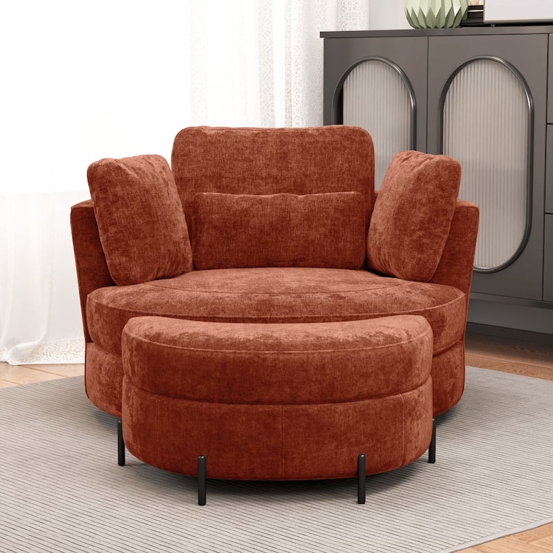 Modern Chenille 360° Swivel Accent Barrel Chair and Storage Ottoman