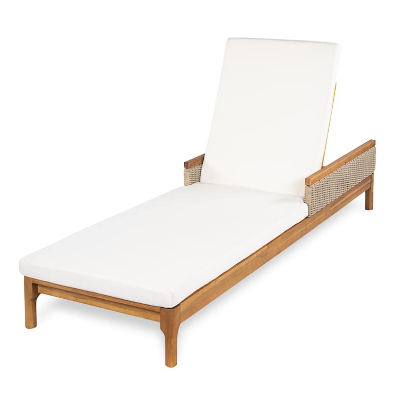 Christopher Knight Home - Solid Acacia Wood Outdoor Chaise Lounge with 4-Position Adjustable Backrest & Woven Rattan Accents