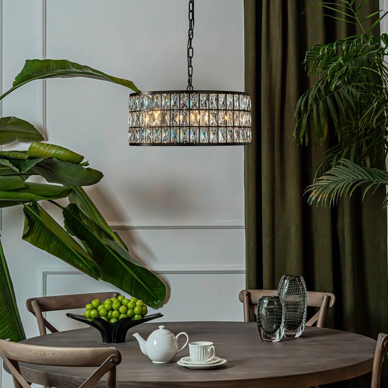 20'' Modern Crystal Chandelier Matte Black Finish 6-Light Round Drum Pendant Light Fixture for Dining Room Kitchen - W20''