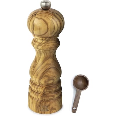 Paris Olivier Salt Mill Gift Set Olive Wood - With Wooden Scoop (7 -Inch, Salt Mill w/ Scoop)