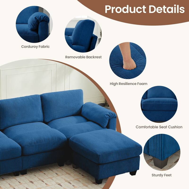 Corduroy Sectional Sofas with 2 Removable Ottomans, U-shaped Symmetrical 6-Seat Modular Couch
