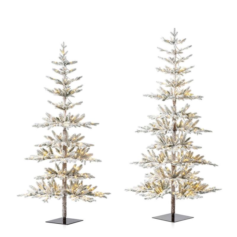 Glitzhome 6/7/9 FT Pre-Lit Flocked Slim Snowscape Fir Artificial Christmas Trees 2 or 3-Piece Set
