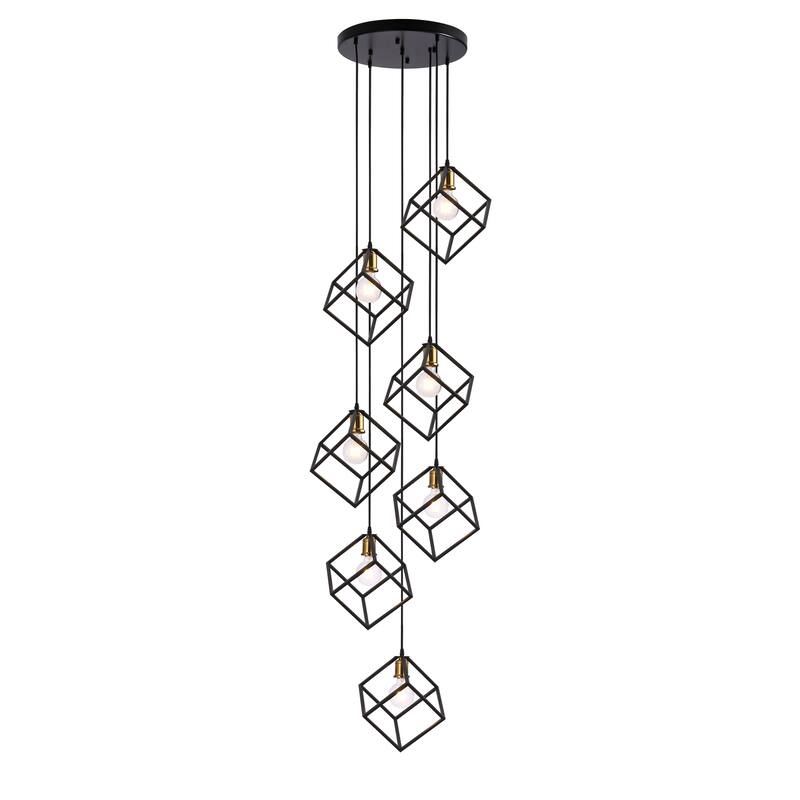 7 - Light Cluster Geometric Staircase Pendant, Adjustable Height Stairway Chandelier - Black