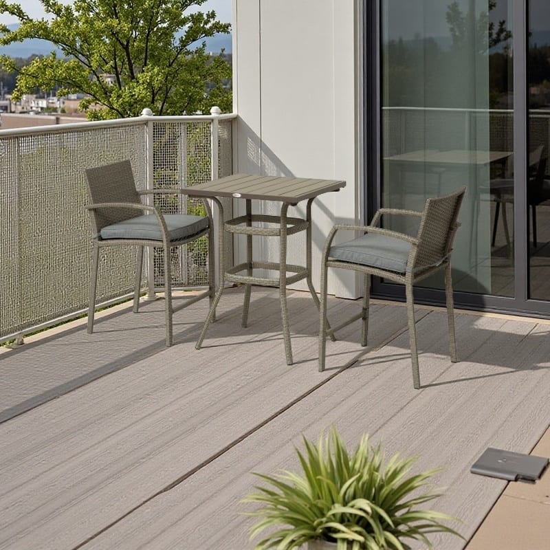 3-Piece Outdoor Wicker Bar Set with Wood-Grain Slatted Table and Cushioned High Back Stools, Weather-Resistant Patio Furniture