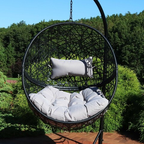 Sunnydaze Jackson Hanging Egg Chair - Resin Wicker - Gray Cushions