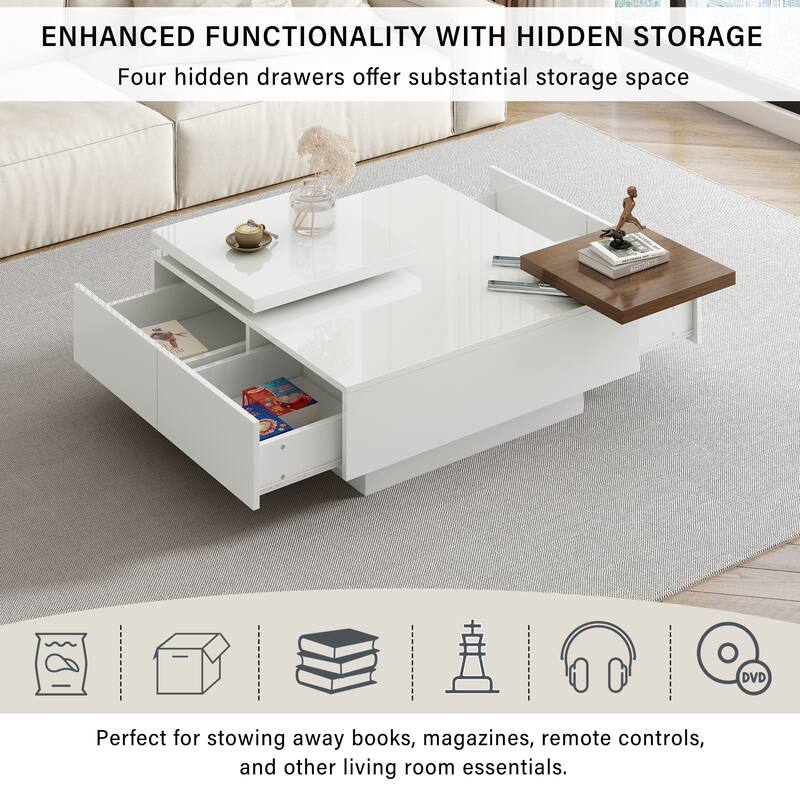 Movable Top Coffee Tables, Wood Square Center Table, High Gloss Cocktail Table with 4 Storage Drawers for Living Room