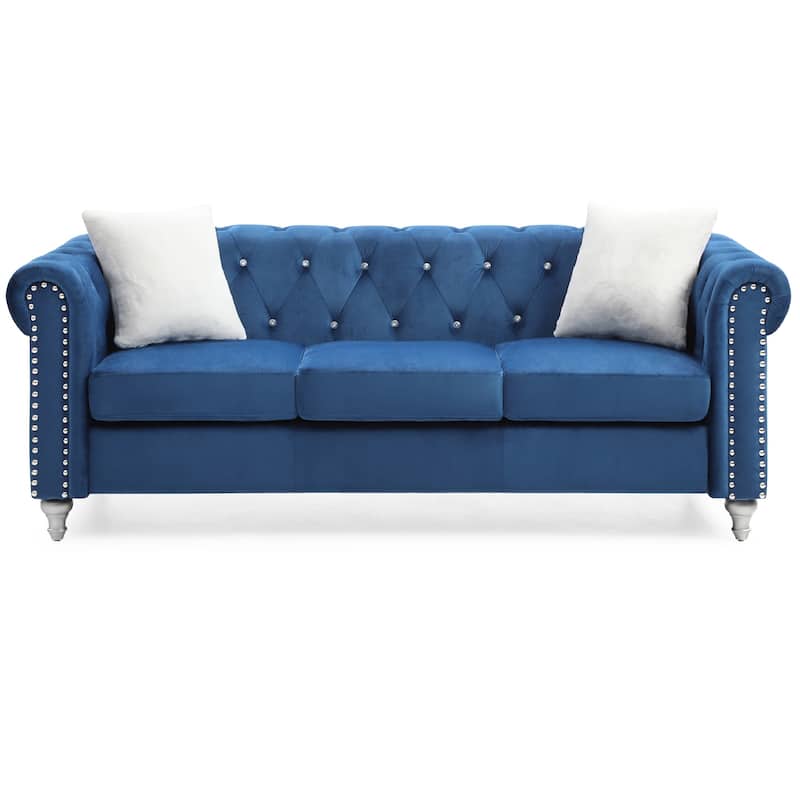 Tufted Faux Jewel Velvet 3-Seater Sofa with Throw Pillows - 83" - Blue
