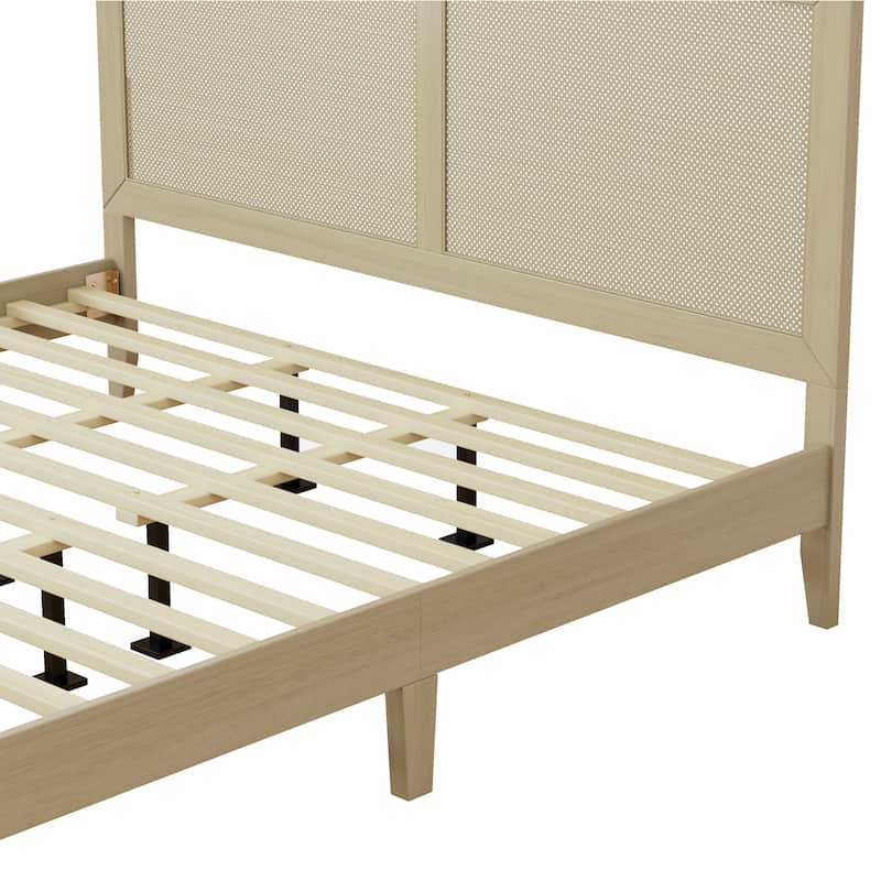 Solid Wood Platform Bed with Handwoven Rattan Headboard by Christopher Knight Home