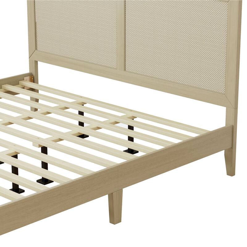 Solid Wood Platform King Bed with Woven Rattan Headboard and Silent Slats