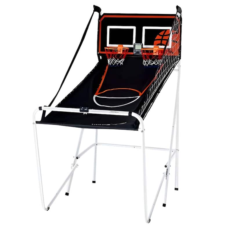 Black-White Steel Basketball Arcade Game with Dual Hoops and 8 Game Modes - 56” L x 33” W x 63” H - White/Black