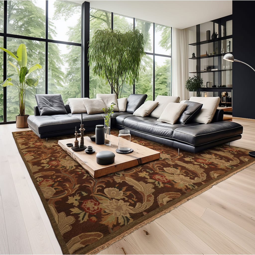 9'2''x11'11'' Hand Knotted Flatweave Wool Brown Arts & Crafts Oushak Rug - 9' 2'' x 11' 11''