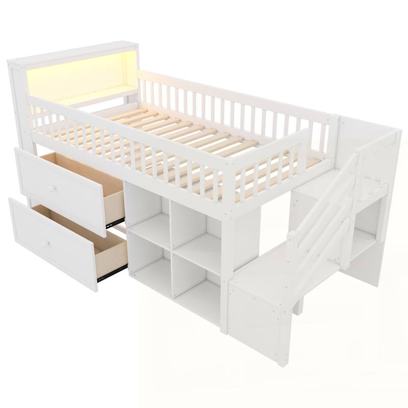 Loft Bed with LED and Bookshelf, Wood Low Loft Bed with Stairs