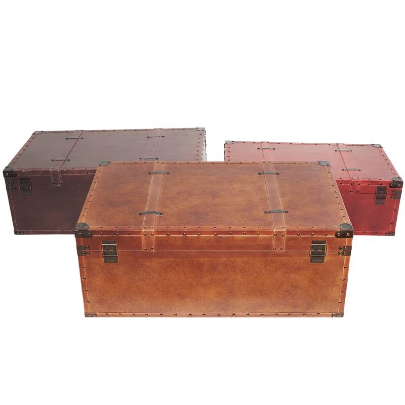 Brown Wood Nesting Upholstered Decorative Trunk with Vintage Accents and Studs (Set of 3)