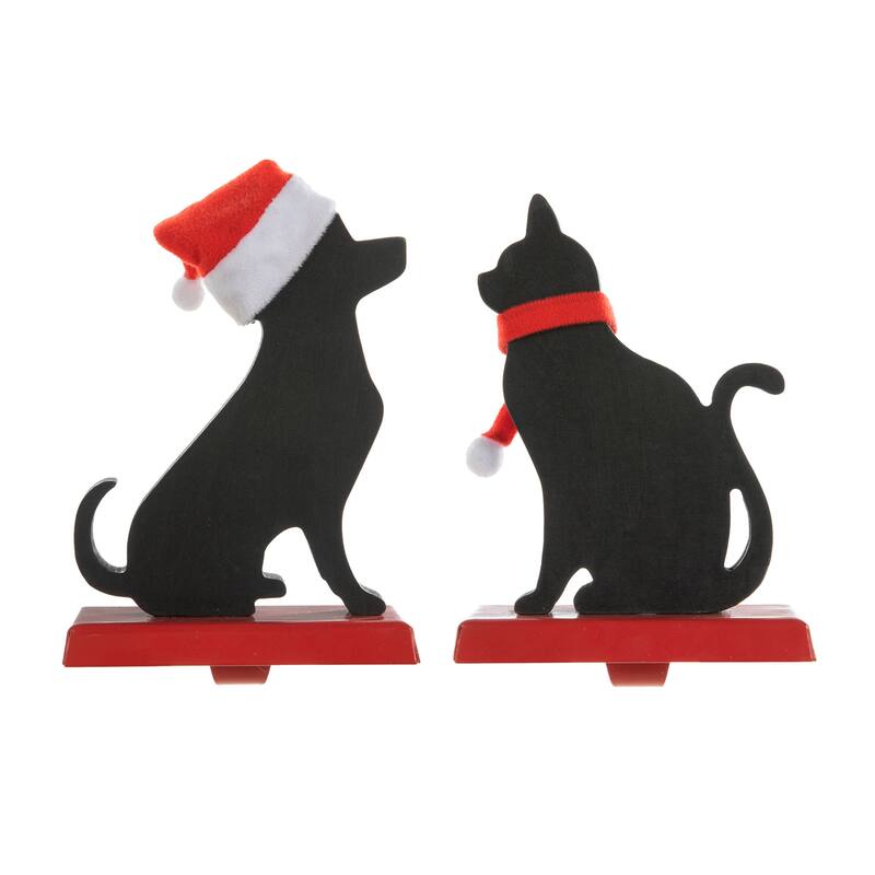 Glitzhome Wooden/Metal Cat & Dog Christmas Stocking Holders Mantel Ornament