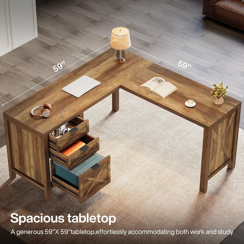 L Shaped Executive Desk with 3 Drawers, 59" Large Corner Computer Desk
