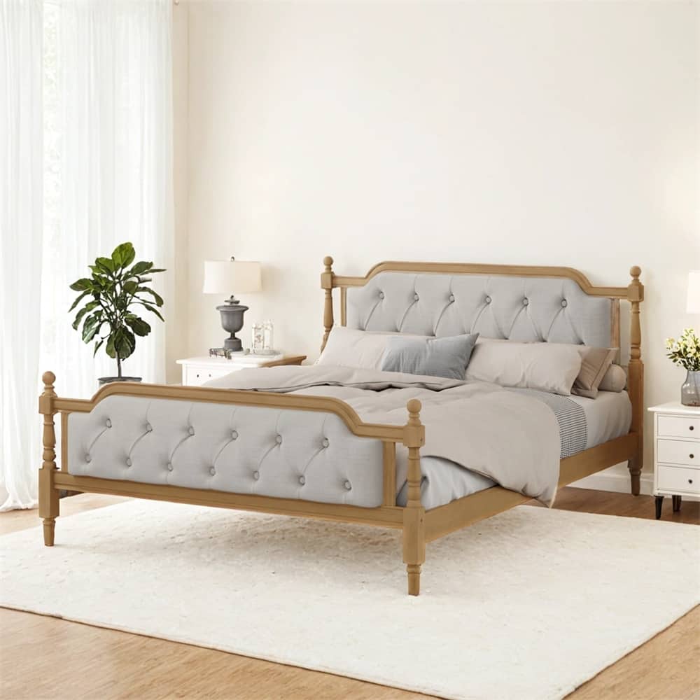 Traditional Style Solid Wood Bed Frame w/Upholstered Tufted Headboard