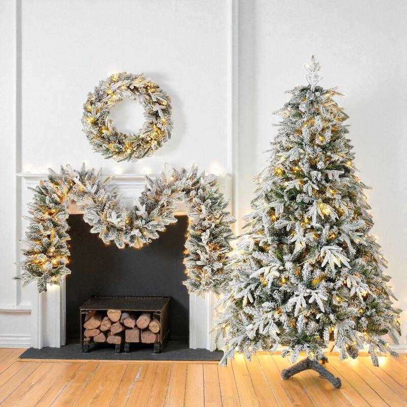 3-Piece Flocked Christmas Decor Set with Lights, 6FT Tree, 9FT Garland and Wreath, Snowy LED Holiday Display - Green