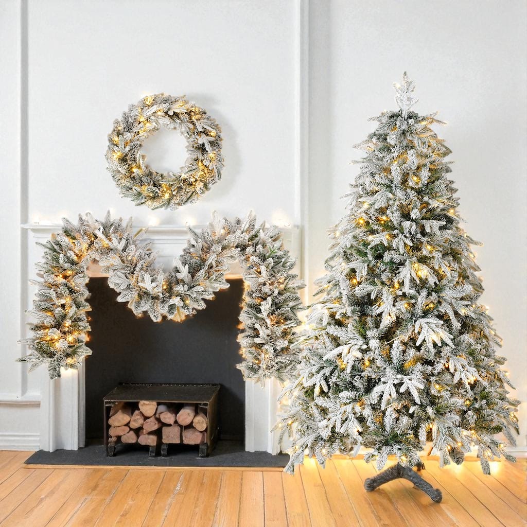 3-Piece Flocked Christmas Decor Set with Lights, 6FT Tree, 9FT Garland and Wreath, Snowy LED Holiday Display