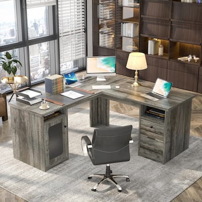 L-Shape Desk with File Cabinet and Drawers, Homer Office Executive Desk with Charge Station
