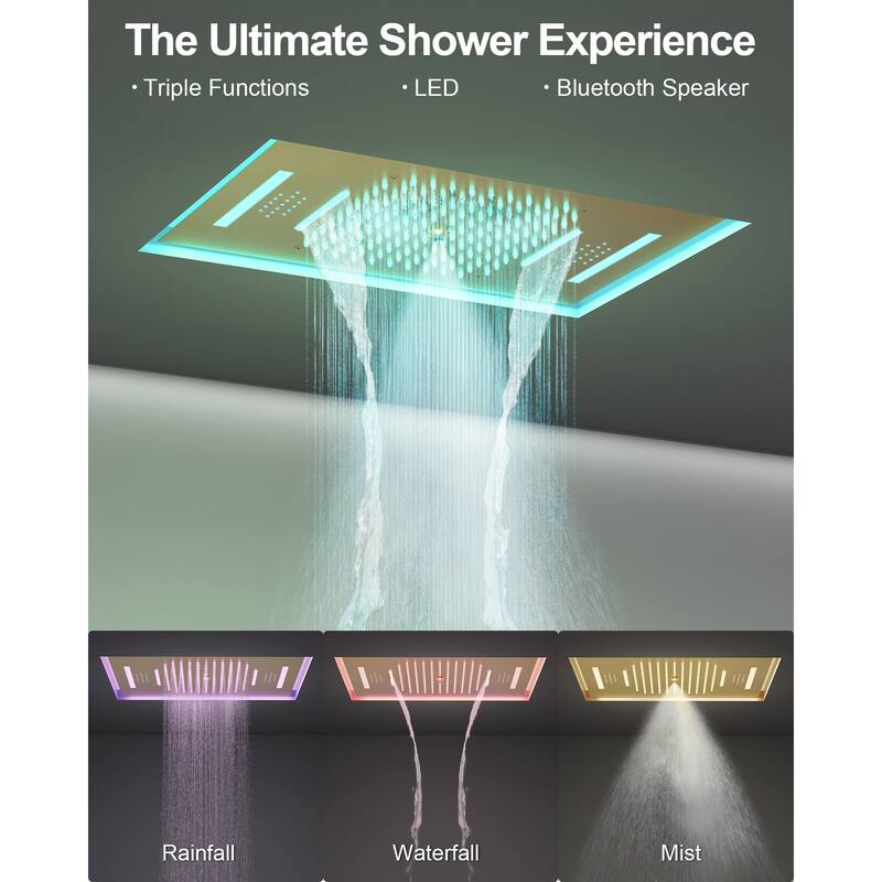 GRANDJOY Dual Shower Heads System with 3 Spray Modes 22"*15" Ceiling and 6" Wall Mount Body Jets Handheld Spray LED Music