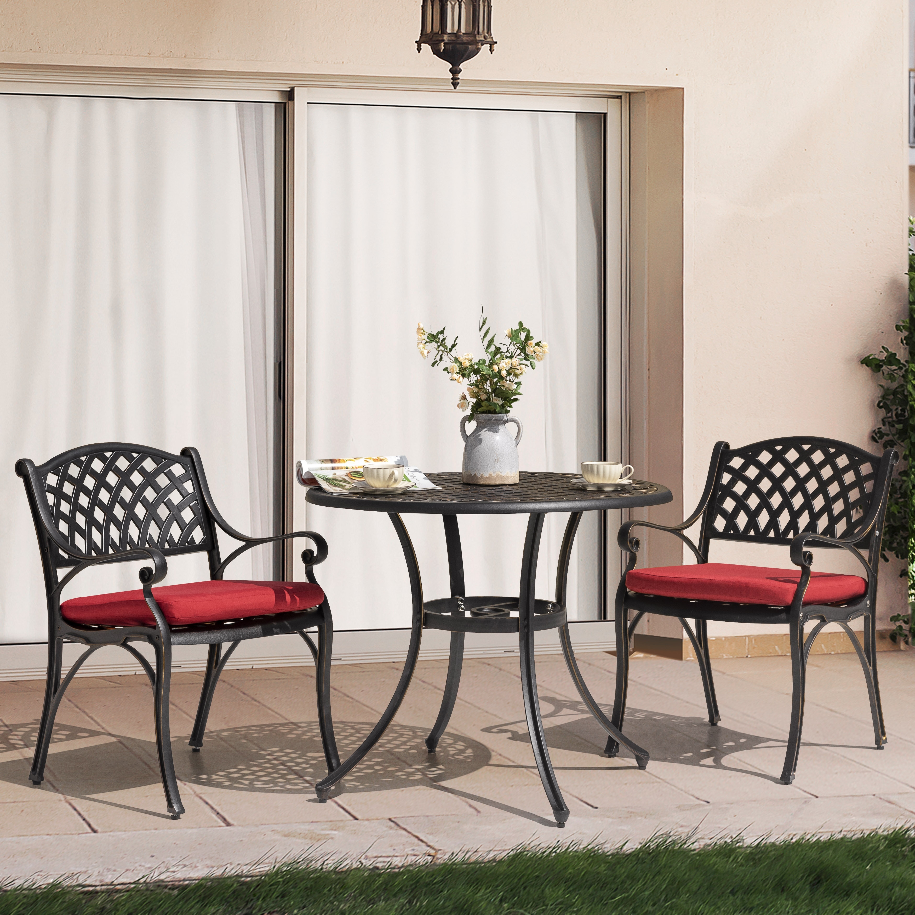Nuu Garden Outdoor 3-Piece Bistro Set with Umbrella Hole, Black with Gold-Painted Edge