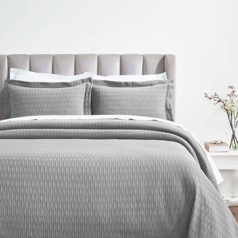 Blue Nile Mills Diamond Lattice Matelasse Cotton Medium Weight 3 Piece Bedspread Set - Grey - Full
