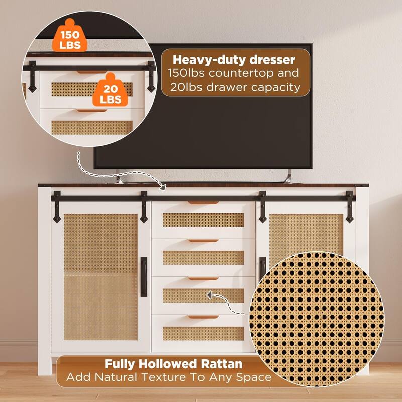 AECOJOY Rattan Sideboard Buffet Cabinet with Storage, Farmhouse Kitchen Cabinet w/Sliding Barn Doors & 4 Drawers