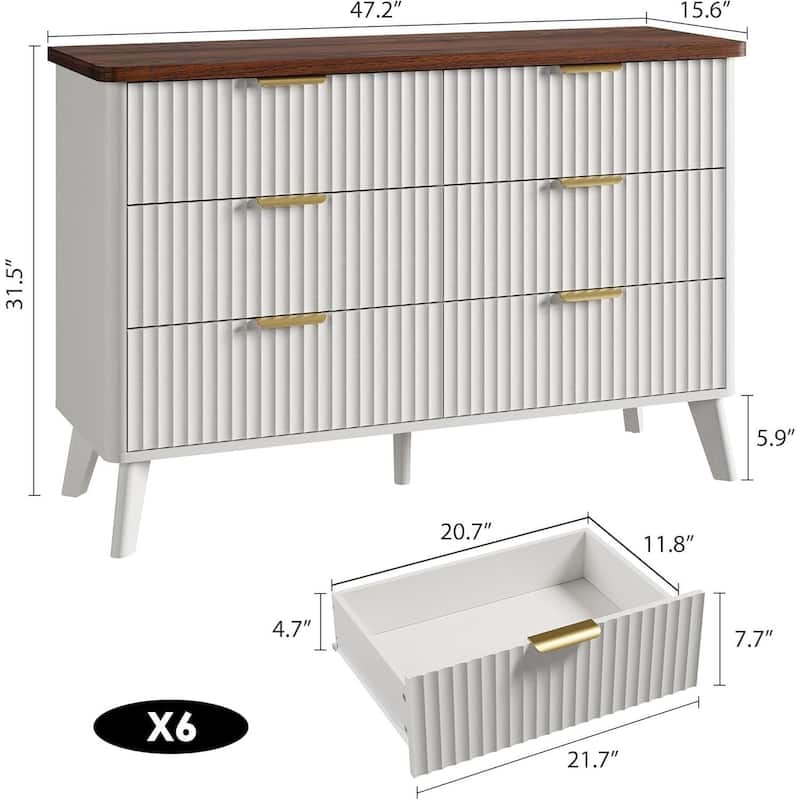 Modern Fluted 6 Drawers Dresser TV Stand for Living Room, Bedroom