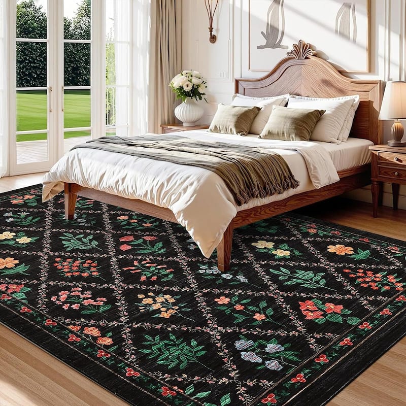 Vintage Floral Washbale Floor Cover Area Rug for Bedroom, Living Room, Black - 1'6" x 2'6" - Black 9' x 12'