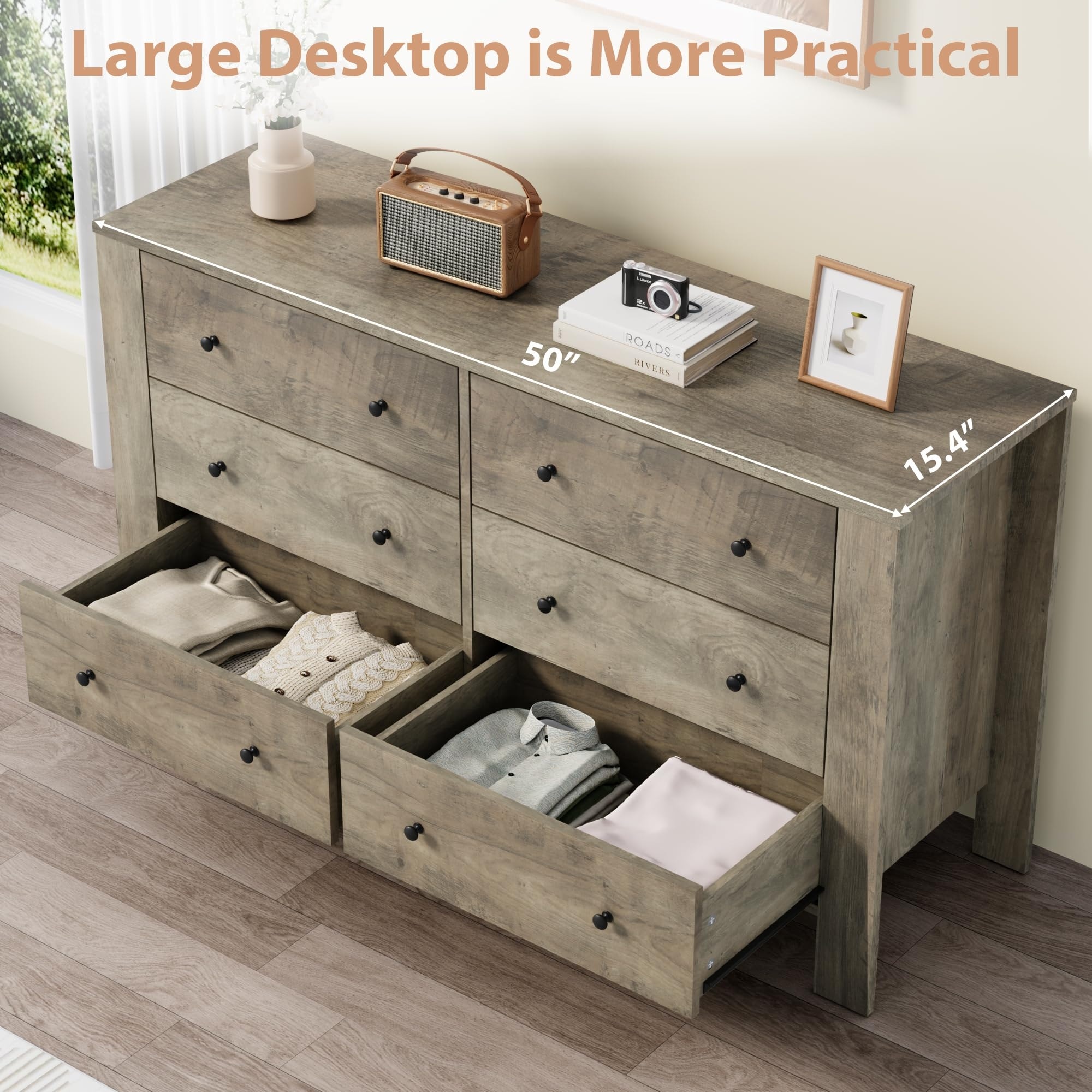 6 Drawer Dresser for Bedroom, Modern Double Dresser Organizer with Storage Drawers